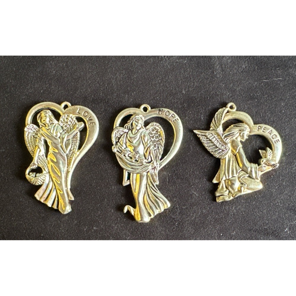 Lot Of 3 Gorham Christmas Angels Silver Plated Peace Love Hope  3"‎ Heart Shaped